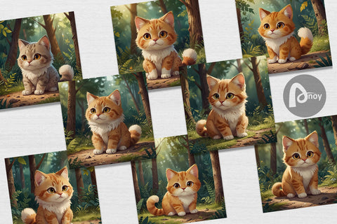 Digital Paper Cartoon Cat in Forest Digital Pattern artnoy 