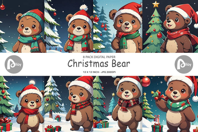 Digital Paper Cartoon Christmas Bear Sublimation artnoy 