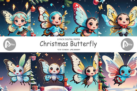 Digital Paper Cartoon Christmas Butterfly Sublimation artnoy 