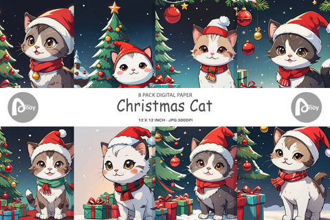 Digital Paper Cartoon Christmas Cat Sublimation artnoy 