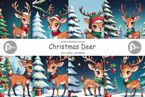 Digital Paper Cartoon Christmas Deer Sublimation artnoy 