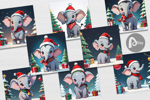 Digital Paper Cartoon Christmas Elephant Sublimation artnoy 
