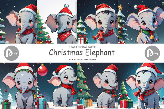 Digital Paper Cartoon Christmas Elephant Sublimation artnoy 