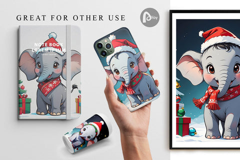 Digital Paper Cartoon Christmas Elephant Sublimation artnoy 