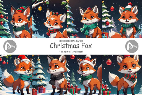 Digital Paper Cartoon Christmas Fox Sublimation artnoy 