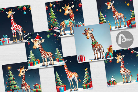 Digital Paper Cartoon Christmas Giraffe Sublimation artnoy 