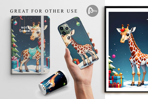 Digital Paper Cartoon Christmas Giraffe Sublimation artnoy 