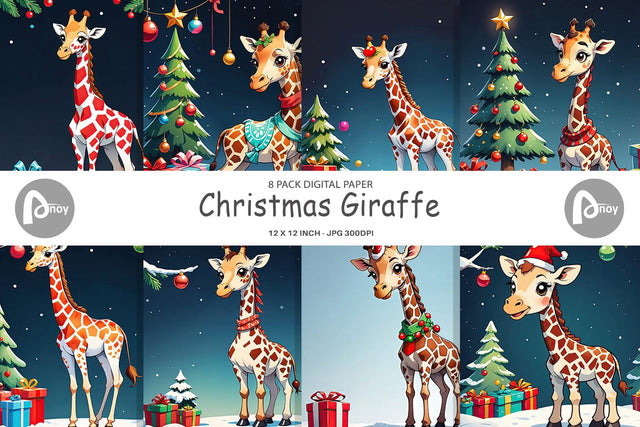 Digital Paper Cartoon Christmas Giraffe Sublimation artnoy 