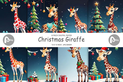 Digital Paper Cartoon Christmas Giraffe Sublimation artnoy 