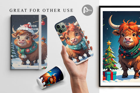 Digital Paper Cartoon Christmas Highland Cow Sublimation artnoy 