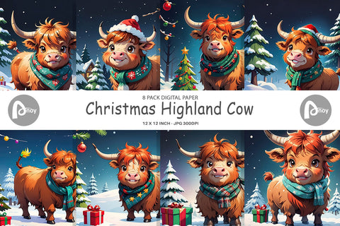 Digital Paper Cartoon Christmas Highland Cow Sublimation artnoy 