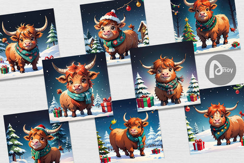 Digital Paper Cartoon Christmas Highland Cow Sublimation artnoy 