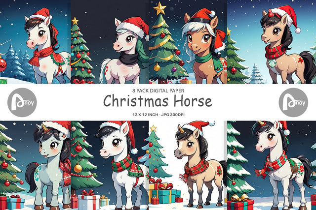 Digital Paper Cartoon Christmas Horse Sublimation artnoy 