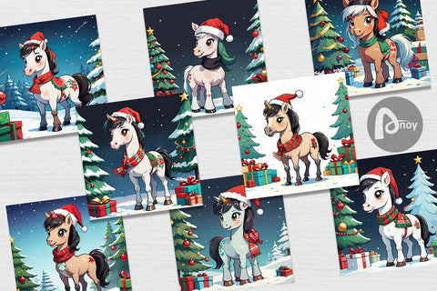 Digital Paper Cartoon Christmas Horse Sublimation artnoy 