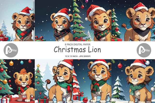 Digital Paper Cartoon Christmas Lion Sublimation artnoy 
