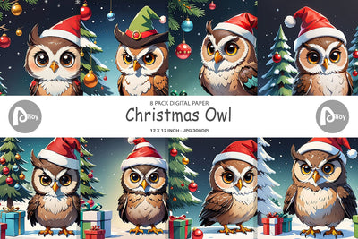 Digital Paper Cartoon Christmas Owl Sublimation artnoy 