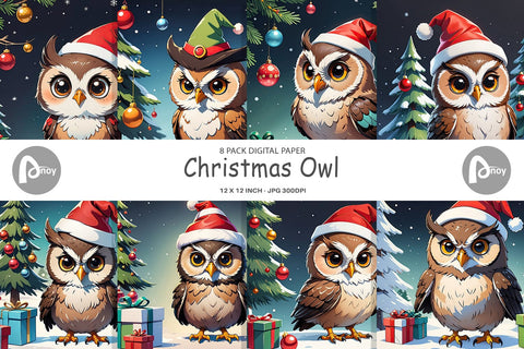 Digital Paper Cartoon Christmas Owl Sublimation artnoy 