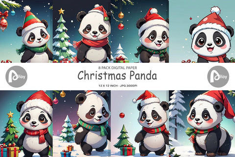 Digital Paper Cartoon Christmas Panda Sublimation artnoy 
