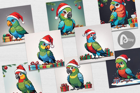 Digital Paper Cartoon Christmas Parrot Sublimation artnoy 