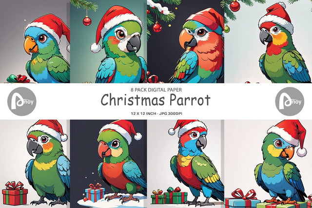 Digital Paper Cartoon Christmas Parrot Sublimation artnoy 