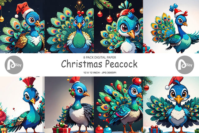 Digital Paper Cartoon Christmas Peacock Sublimation artnoy 