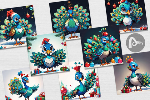 Digital Paper Cartoon Christmas Peacock Sublimation artnoy 