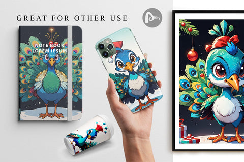 Digital Paper Cartoon Christmas Peacock Sublimation artnoy 