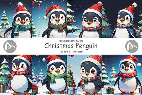 Digital Paper Cartoon Christmas Penguin Sublimation artnoy 