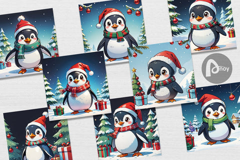 Digital Paper Cartoon Christmas Penguin Sublimation artnoy 