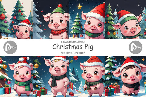 Digital Paper Cartoon Christmas Pig Sublimation artnoy 