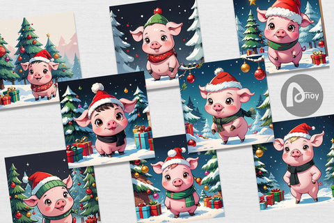 Digital Paper Cartoon Christmas Pig Sublimation artnoy 