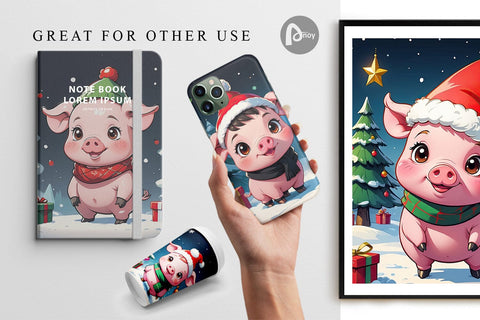 Digital Paper Cartoon Christmas Pig Sublimation artnoy 