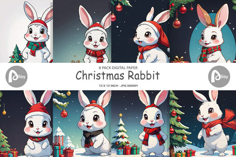 Digital Paper Cartoon Christmas Rabbit Sublimation artnoy 