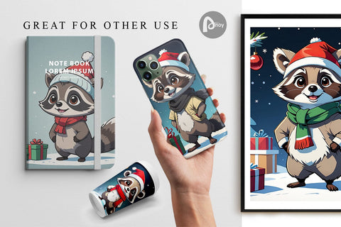 Digital Paper Cartoon Christmas Raccoon Sublimation artnoy 