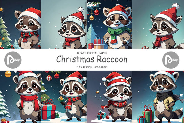 Digital Paper Cartoon Christmas Raccoon Sublimation artnoy 