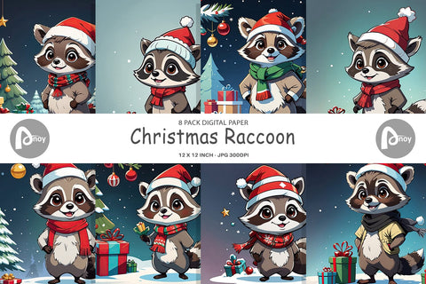 Digital Paper Cartoon Christmas Raccoon Sublimation artnoy 