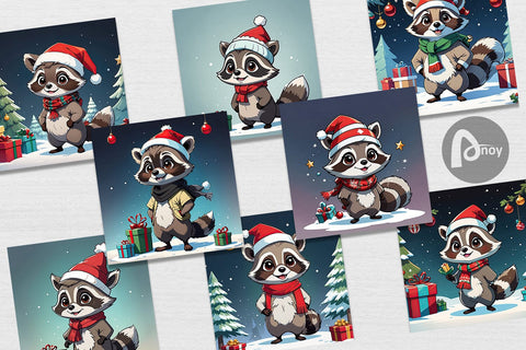 Digital Paper Cartoon Christmas Raccoon Sublimation artnoy 