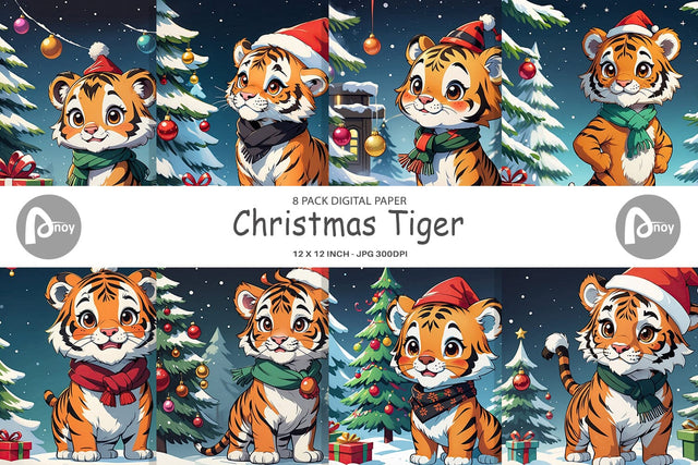 Digital Paper Cartoon Christmas Tiger Sublimation artnoy 