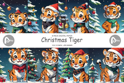 Digital Paper Cartoon Christmas Tiger Sublimation artnoy 