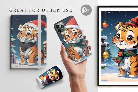 Digital Paper Cartoon Christmas Tiger Sublimation artnoy 
