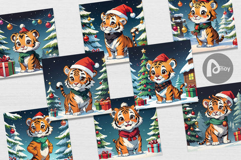 Digital Paper Cartoon Christmas Tiger Sublimation artnoy 