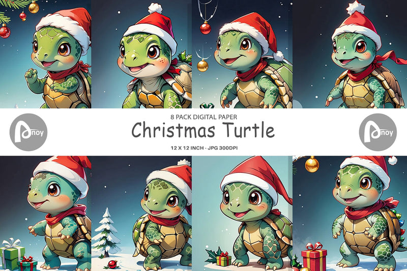 Digital Paper Cartoon Christmas Turtle Sublimation artnoy 