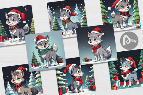 Digital Paper Cartoon Christmas Wolf Sublimation artnoy 
