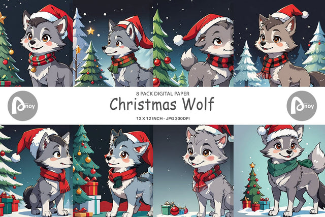 Digital Paper Cartoon Christmas Wolf Sublimation artnoy 