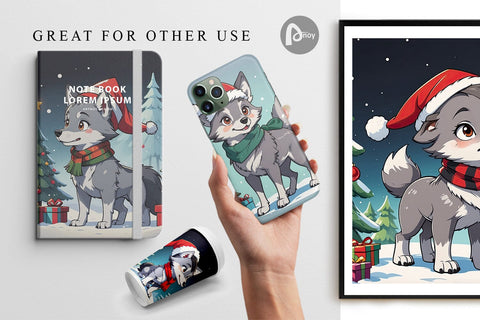 Digital Paper Cartoon Christmas Wolf Sublimation artnoy 