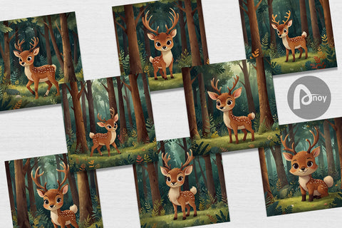 Digital Paper Cartoon Deer in Forest Digital Pattern artnoy 