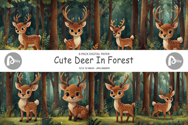 Digital Paper Cartoon Deer in Forest Digital Pattern artnoy 
