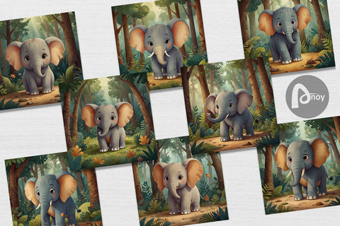 Digital Paper Cartoon Elephant in Forest Digital Pattern artnoy 