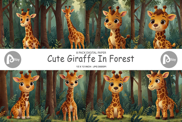 Digital Paper Cartoon Giraffe in Forest Digital Pattern artnoy 
