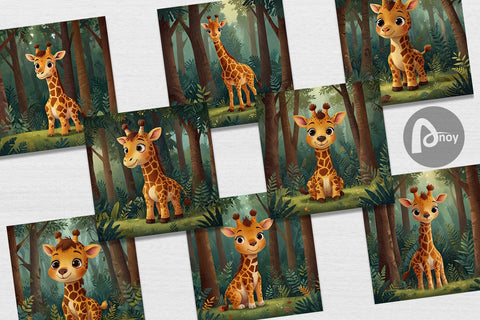 Digital Paper Cartoon Giraffe in Forest Digital Pattern artnoy 